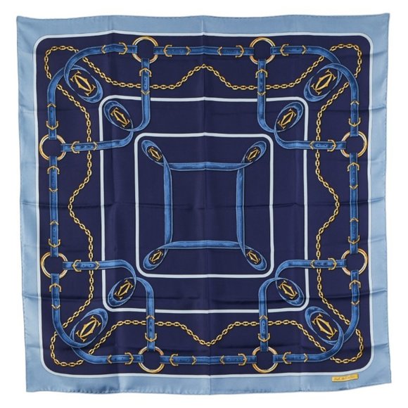 Cartier Belt Chain Scarf Muffler Navy Blue Silk Women's CARTIER - Picture 1 of 6